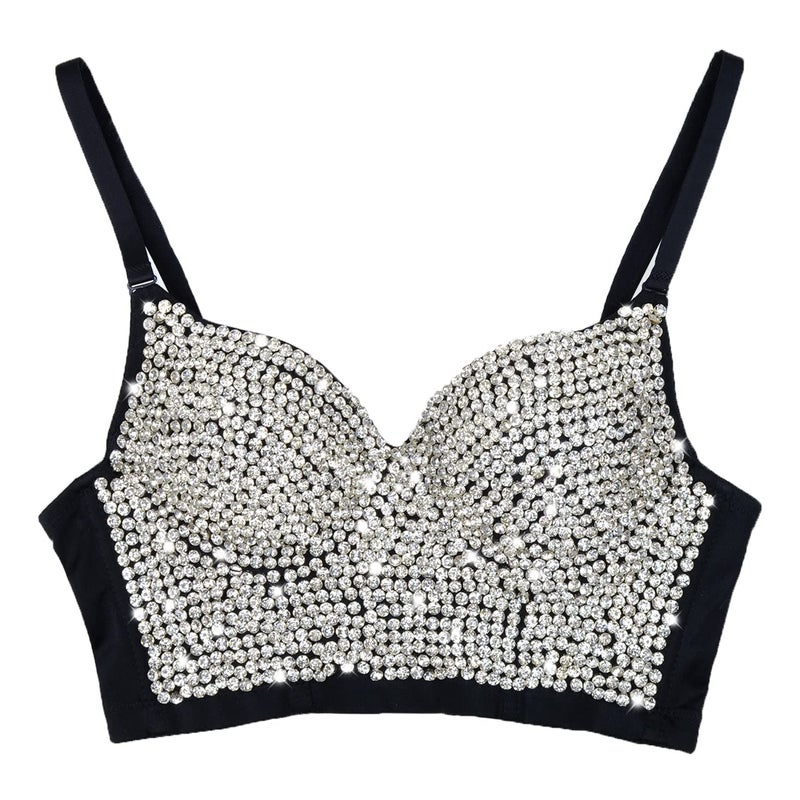 ELLACCI Women's Rhinestone Diamond Push up Bustier Crop Top Sexy Punk Corset Bra Black Medium - Image 1